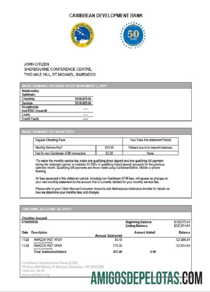 Barbados Caribbean Development modelo de extrato bancário